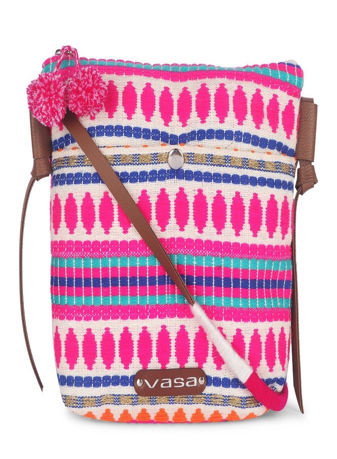 VASA Multi Pink Handwoven Cotton Sling Bag, Multi-coloured Geometric Pattern - Image 1